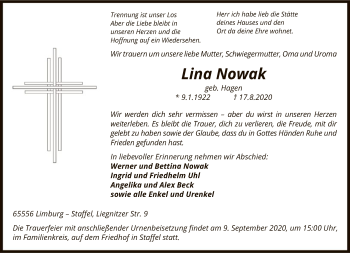 Traueranzeige von Lina Nowak von FNP