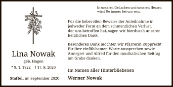 Traueranzeige von Lina Nowak von FNP