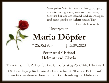 Traueranzeige von Maria Döpfer von FNP