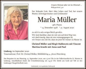 Traueranzeige von Maria Müller von FNP