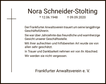 Traueranzeige von Nora Schneider-Stolting von FNP