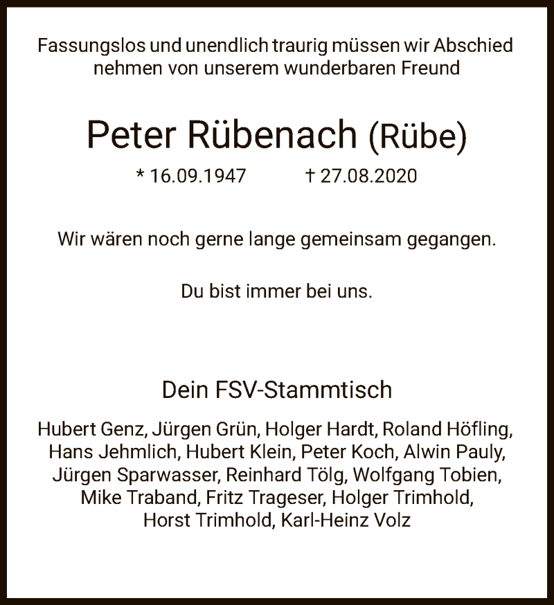  Traueranzeige für Peter Rübenach vom 02.09.2020 aus FNP