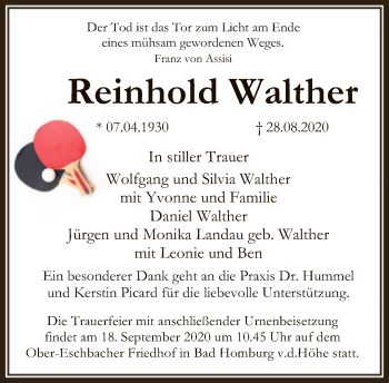 Traueranzeige von Reinhold Walther von FNP