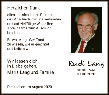 Traueranzeige von Rudi Lang von FNP