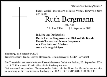 Traueranzeige von Ruth Bergmann von FNP