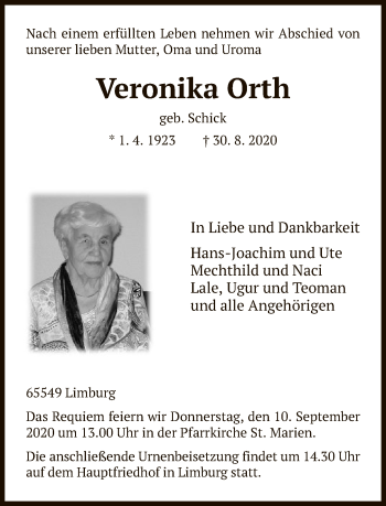 Traueranzeige von Veronika Orth von FNP