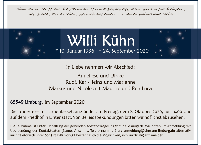  Traueranzeige für Willi Kühn vom 28.09.2020 aus FNP