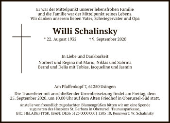 Traueranzeige von Willi Schalinsky von FNP