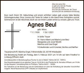 Traueranzeige von Agnes Beul von FNP