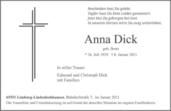 Traueranzeige von Anna Dick von FNP