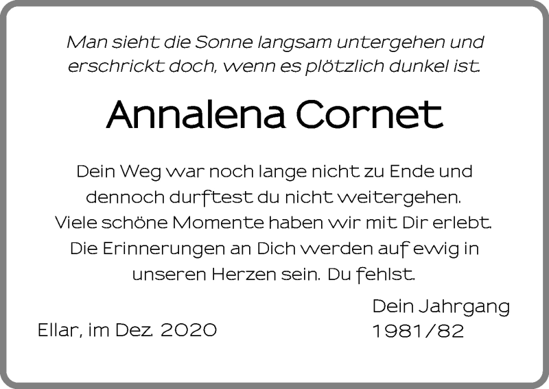  Traueranzeige für Annalena Cornet vom 09.01.2021 aus FNP