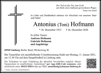 Traueranzeige von Antonius Hofmann von FNP