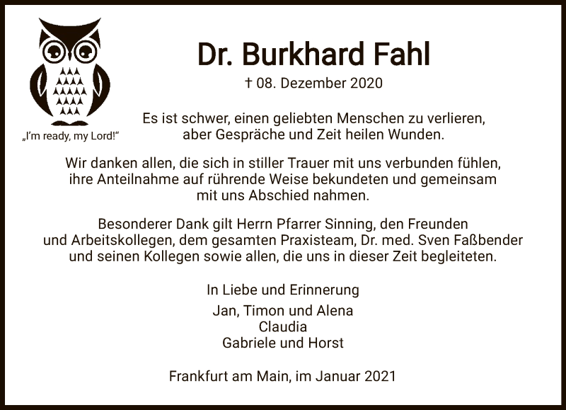  Traueranzeige für Burkhard Fahl vom 16.01.2021 aus FNP