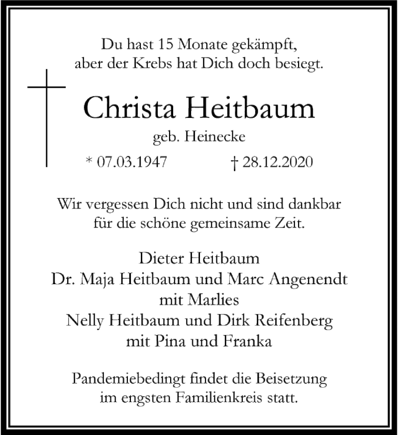  Traueranzeige für Christa Heitbaum vom 06.01.2021 aus FNP