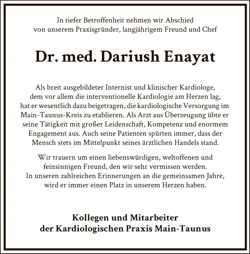  Traueranzeige für Dariush Enayat vom 13.01.2021 aus FNP