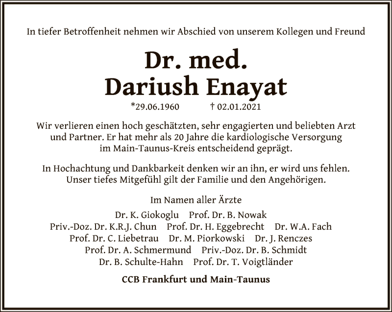  Traueranzeige für Dariush Enayat vom 16.01.2021 aus FNP