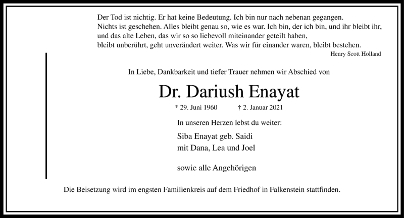  Traueranzeige für Dariush Enayat vom 09.01.2021 aus FNP
