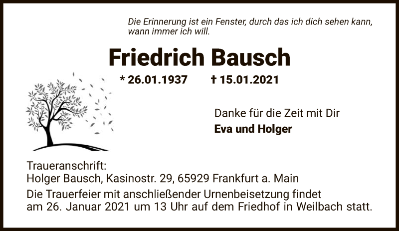  Traueranzeige für Friedrich Bausch vom 22.01.2021 aus FNP