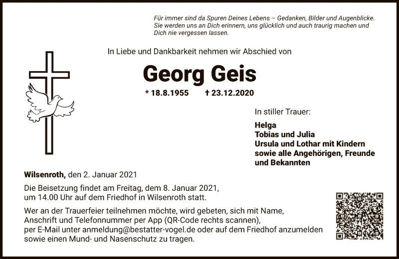  Traueranzeige für Georg Geis vom 02.01.2021 aus FNP