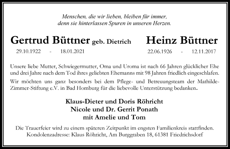  Traueranzeige für Gertrud Büttner vom 23.01.2021 aus FNP