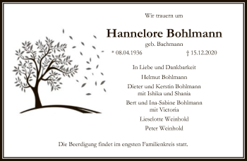 Traueranzeige von Hannelore Bohlmann von FNP
