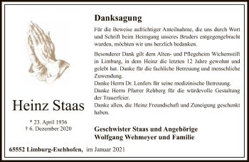 Traueranzeige von Heinz Staas von FNP