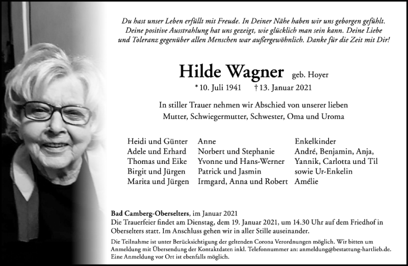  Traueranzeige für Hilde Wagner vom 16.01.2021 aus FNP