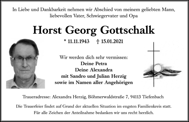  Traueranzeige für Horst Georg Gottschalk vom 22.01.2021 aus FNP