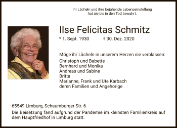 Traueranzeige von Ilse Felicitas Schmitz von FNP