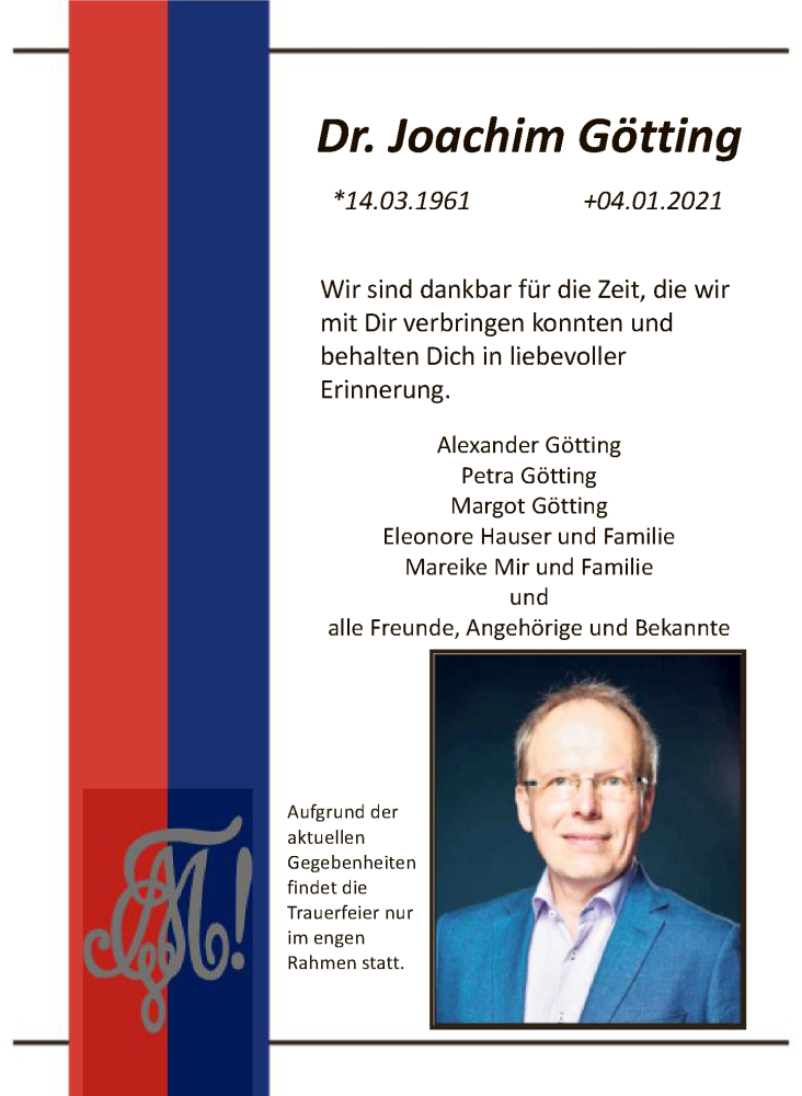  Traueranzeige für Joachim Götting vom 23.01.2021 aus FNP