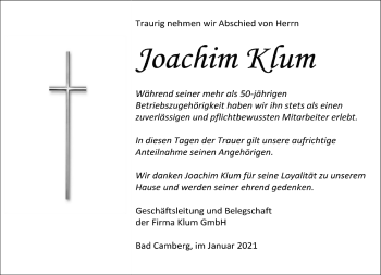 Traueranzeige von Joachim Klum von FNP