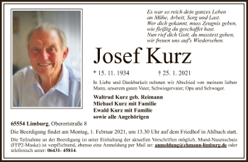 Traueranzeige von Josef Kurz von FNP