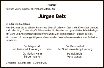 Traueranzeige von Jürgen Belz von FNP