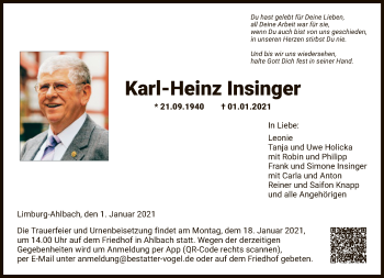 Traueranzeige von Karl-Heinz Insinger von FNP