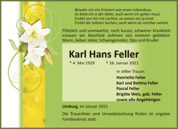 Traueranzeige von Karl Hans Feller von FNP