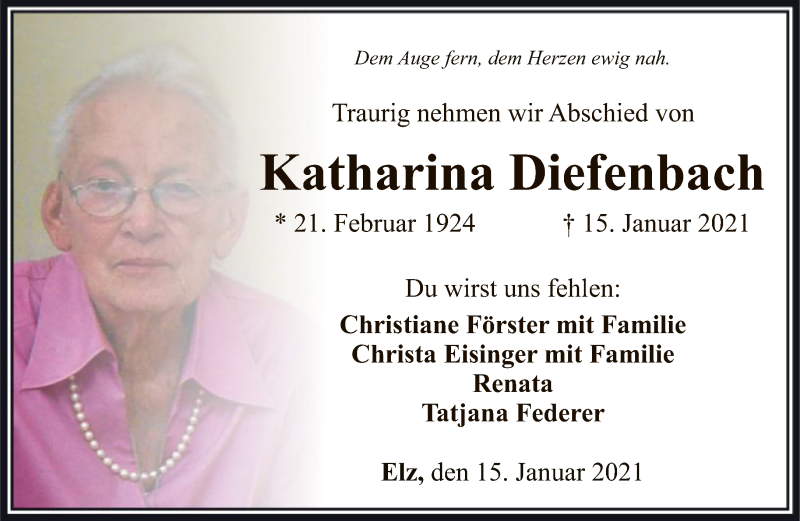  Traueranzeige für Katharina Diefenbach vom 23.01.2021 aus FNP