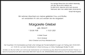 Traueranzeige von Margarete Griebel von FNP