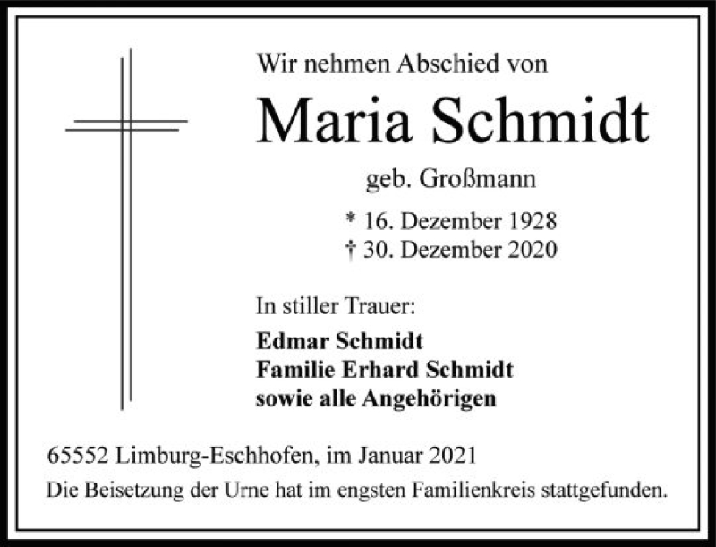  Traueranzeige für Maria Schmidt vom 16.01.2021 aus FNP