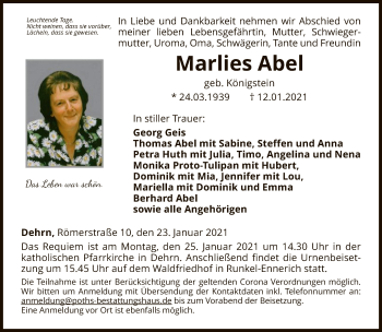 Traueranzeige von Marlies Abel von FNP