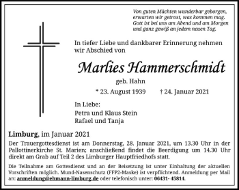 Traueranzeige von Marlies Hammerschmidt von FNP