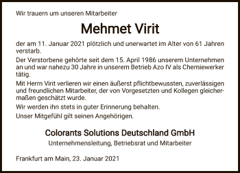 Traueranzeige von Mehmet Virit von FNP