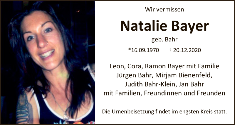  Traueranzeige für Natalie Bayer vom 09.01.2021 aus FNP