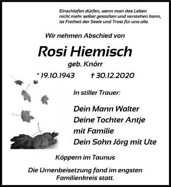 Traueranzeige von Rosi Hiemisch von FNP