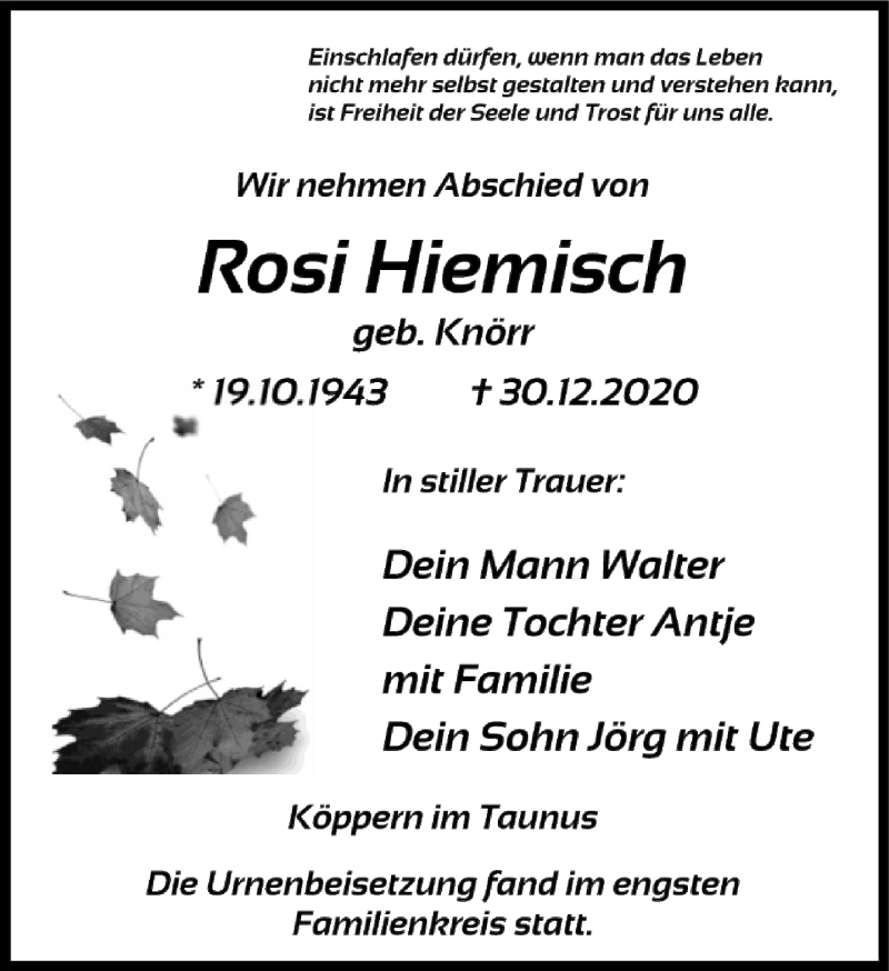  Traueranzeige für Rosi Hiemisch vom 23.01.2021 aus FNP