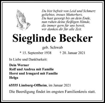 Traueranzeige von Sieglinde Becker von FNP