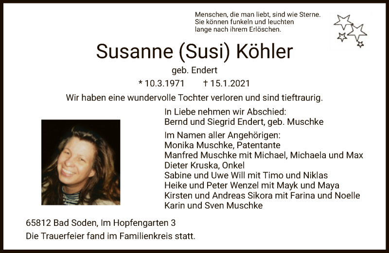  Traueranzeige für Susanne Köhler vom 28.01.2021 aus FNP