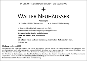 Traueranzeige von Walter Neuhäusser von FNP