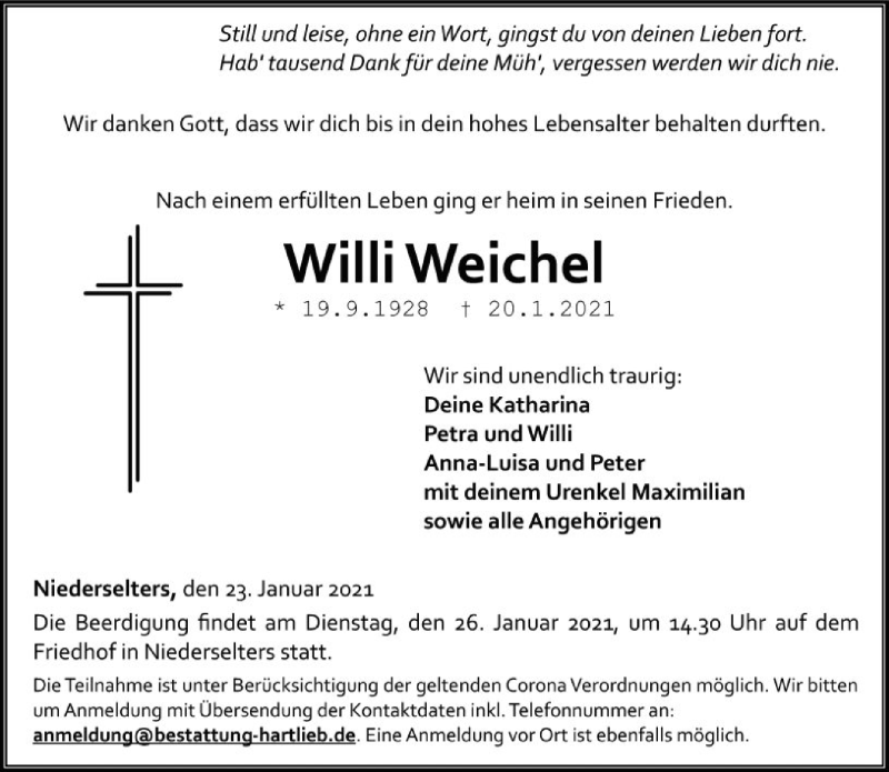  Traueranzeige für Willi Weichel vom 23.01.2021 aus FNP