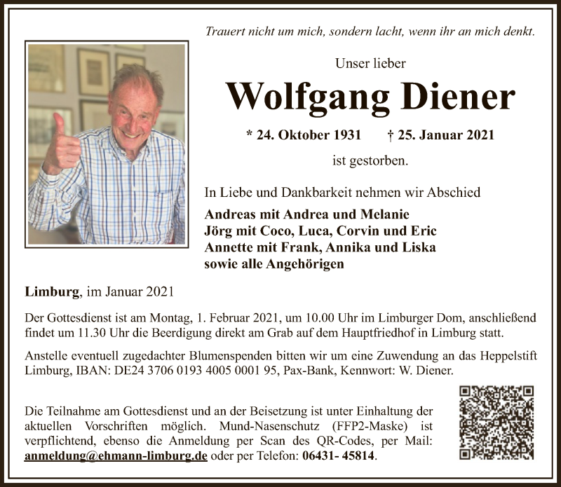  Traueranzeige für Wolfgang Diener vom 27.01.2021 aus FNP