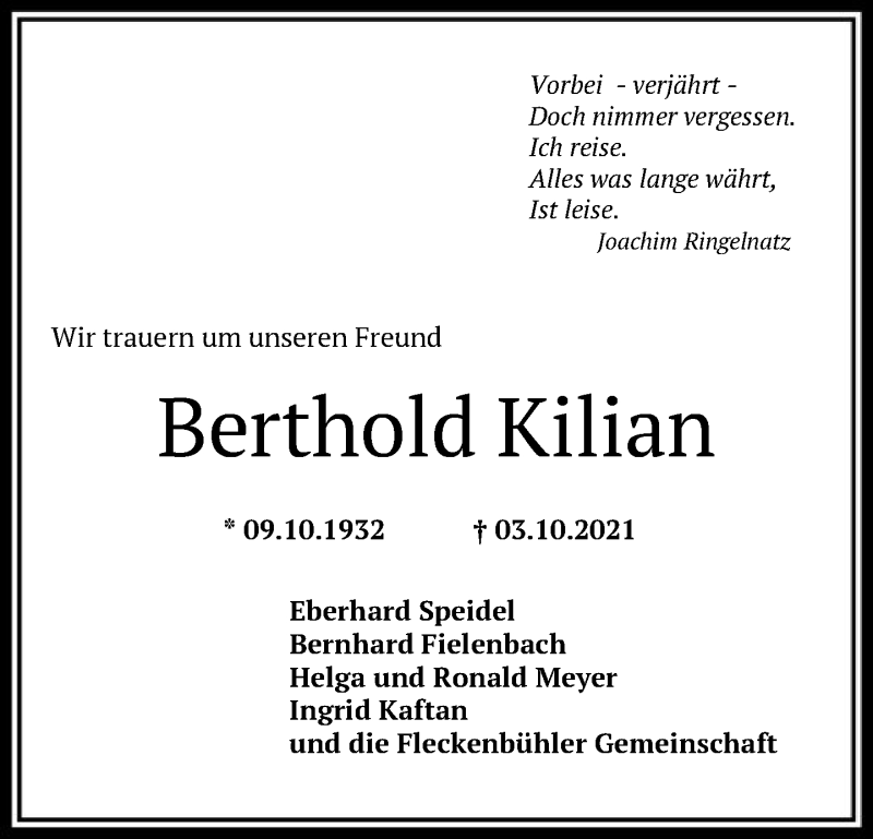  Traueranzeige für Berthold Kilian vom 18.10.2021 aus FNP
